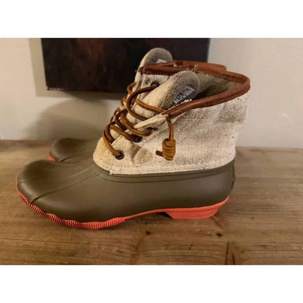Sperry Saltwater Duck Boots Olive Oatmeal Canvas Ankle Rain Boots Women's 6